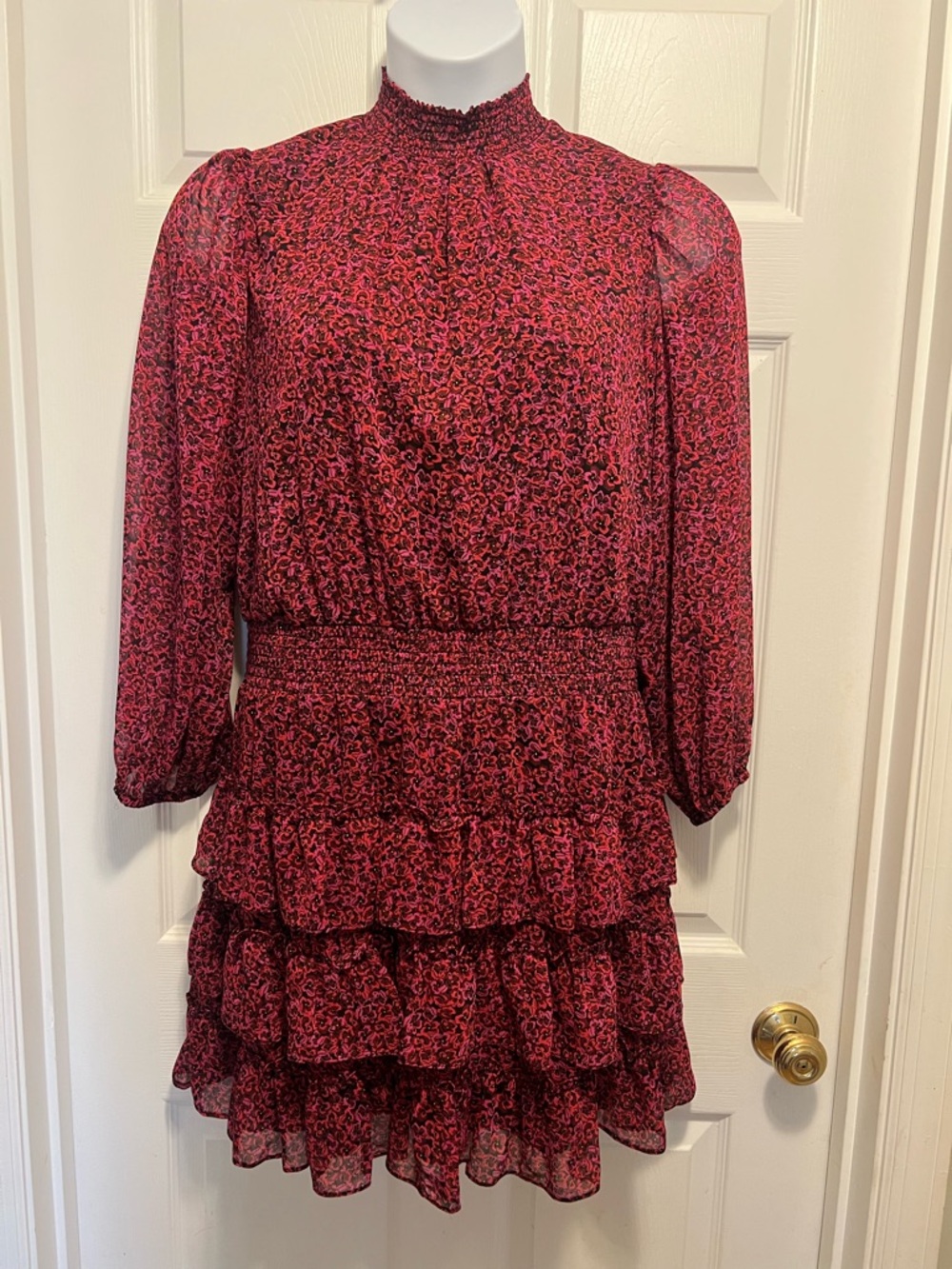 Women's Red Floral Tiered Long-Sleeve Dress